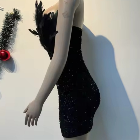 Elegant Real Feather Embellished Black Mesh & Polyester Dress Sz S - Picture 9 of 16